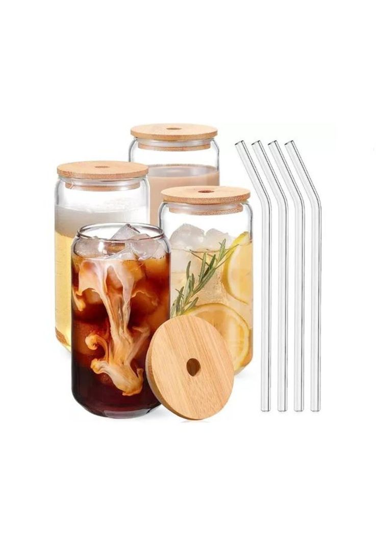 Set 4 Vasos Vidrio Tapa Bambú Cócteles-1