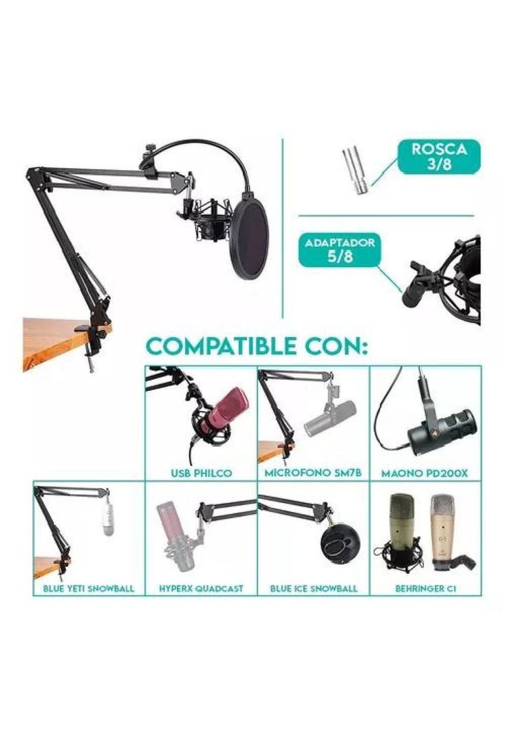 Kit Profesional - Brazo Micrófono, Antipop, Soporte Araña Studio, Color Negro-2