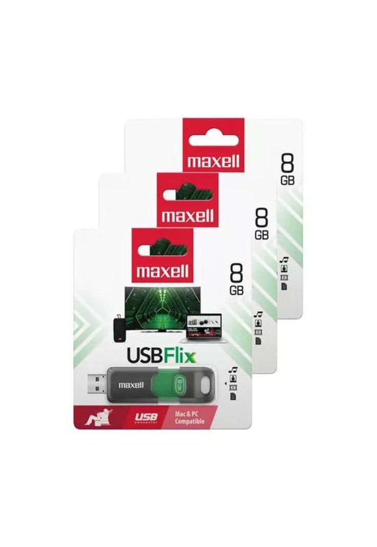 Pack de 3 Pendrives Maxell Flix 8GB 2.0, verde, diseño Flix-1