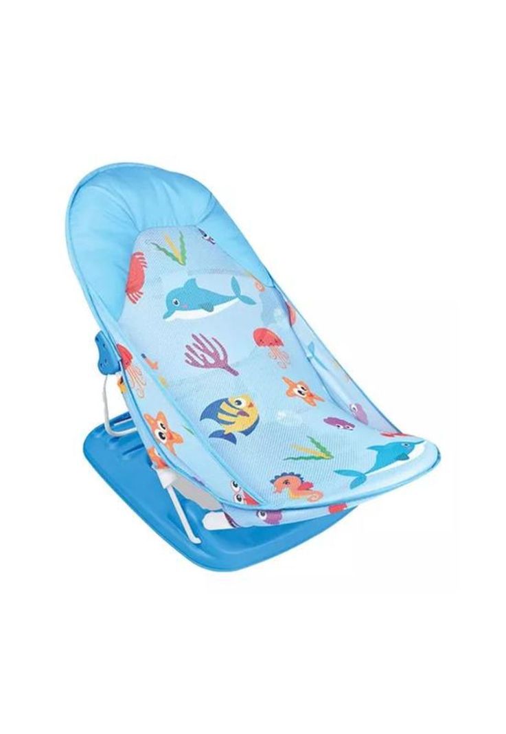 Silla de baño plegable para bebé con almohada y red flotante, celeste-0