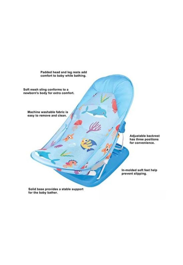 Silla de baño plegable para bebé con almohada y red flotante, celeste-2