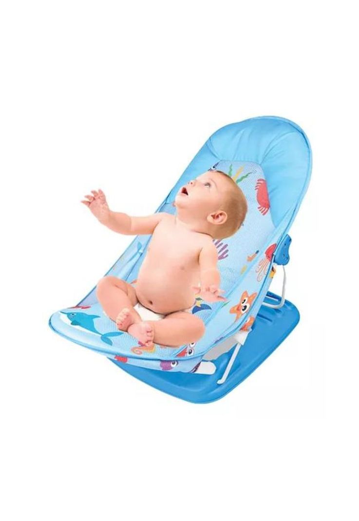 Silla de baño plegable para bebé con almohada y red flotante, celeste-3