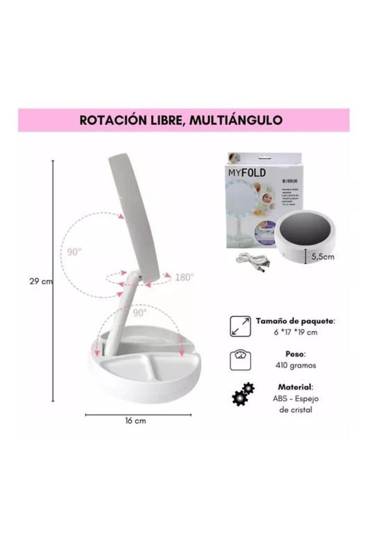 Espejo con Luz LED para Maquillaje Plegable y Aumento X10-4