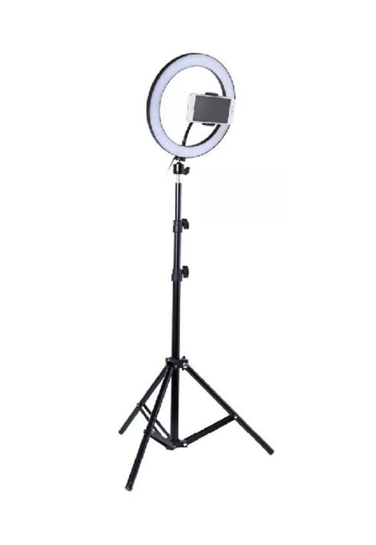Anillo aro luz LED fotografía 26 cm + trípode ajustable, estructura negra, luz blanco frío-0