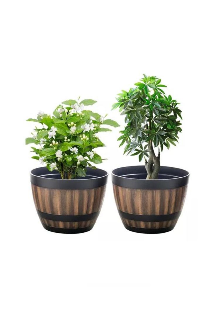2 Maceteros Barril Simulación Madera 4L con Agujero 22.8x17cm-1
