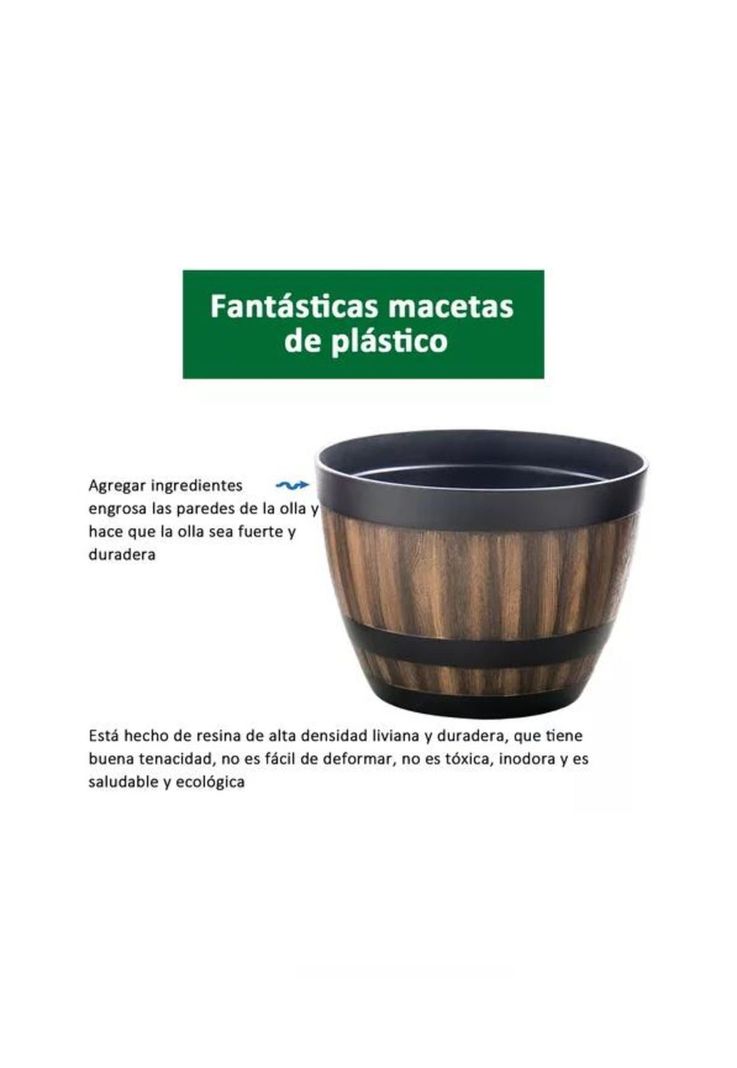 2 Maceteros Barril Simulación Madera 4L con Agujero 22.8x17cm-4