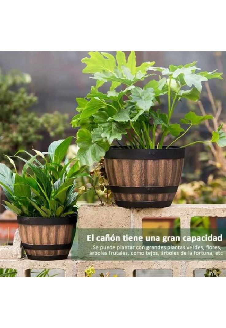 2 Maceteros Barril Simulación Madera 4L con Agujero 22.8x17cm-5