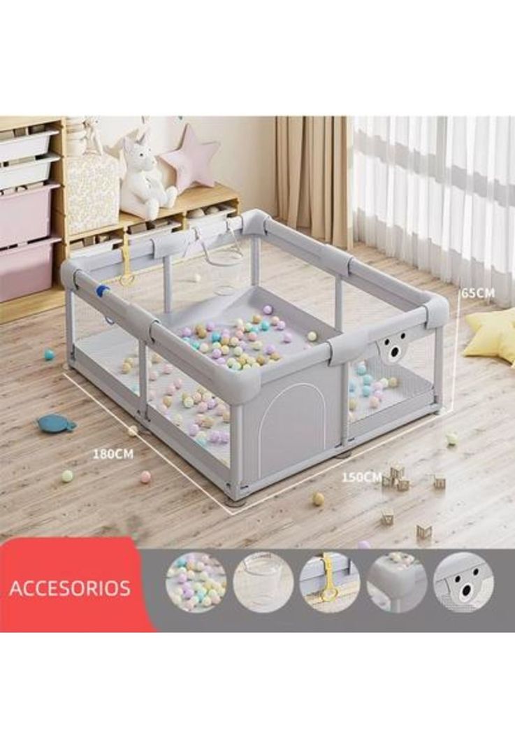 Corral centro de juegos para bebé con accesorios, 150x180x65 cm, gris-3