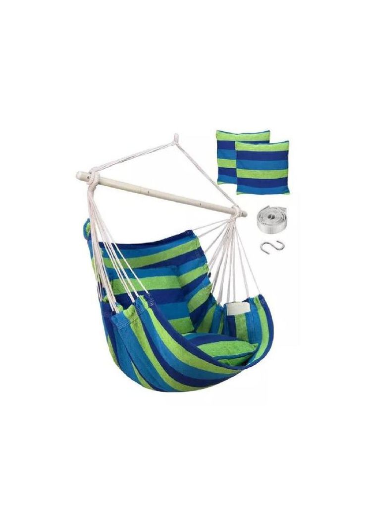 Columpio colgante azul y verde con dos almohadas para jardín-2