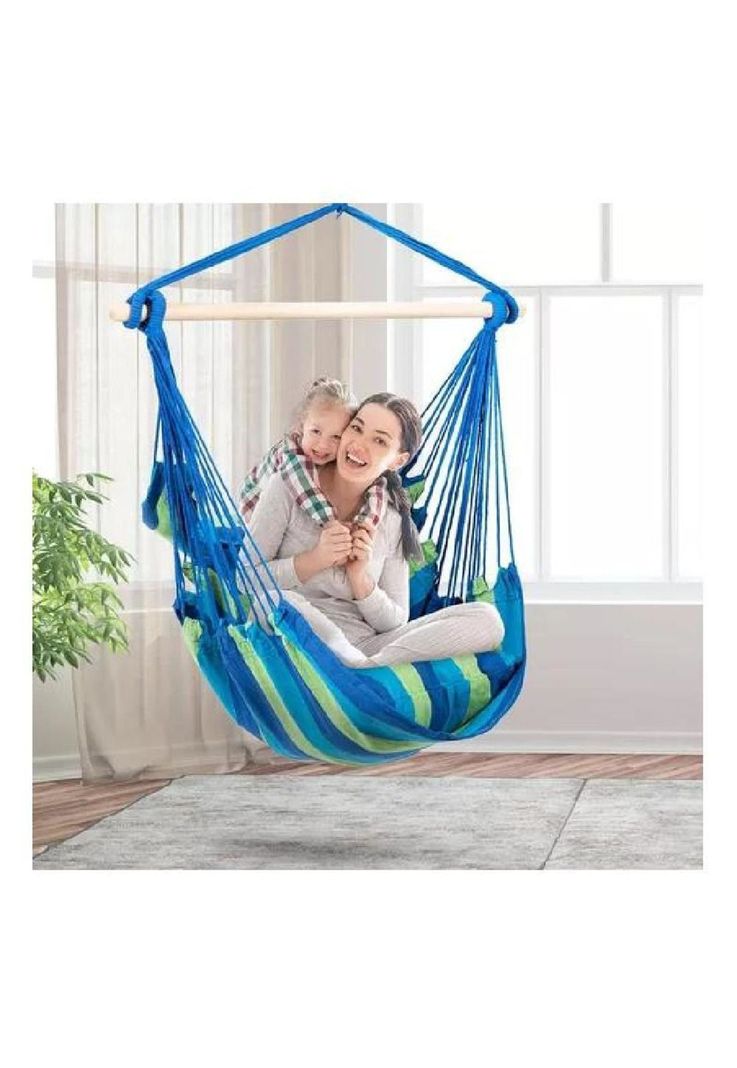 Columpio colgante azul y verde con dos almohadas para jardín-3