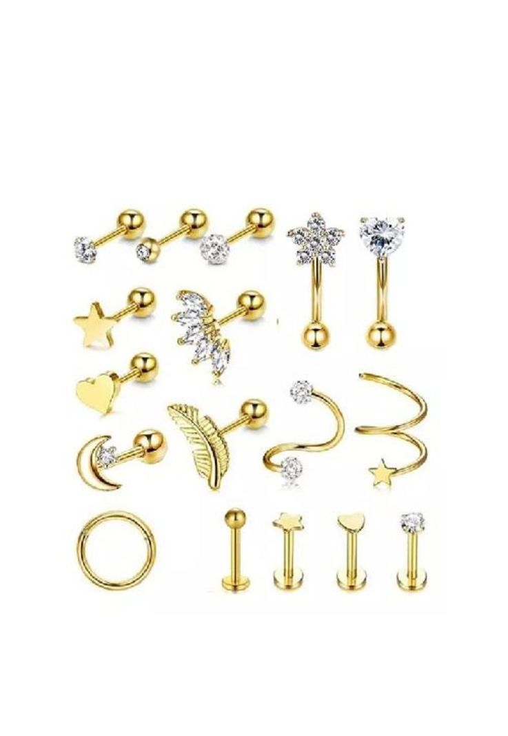 Piercing y aretes para oreja y cartílago, 17 piezas, color dorado-2