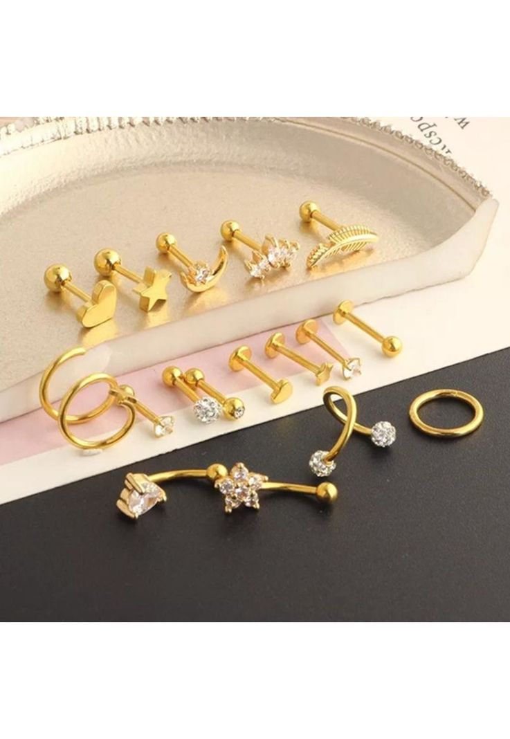 Piercing y aretes para oreja y cartílago, 17 piezas, color dorado-5