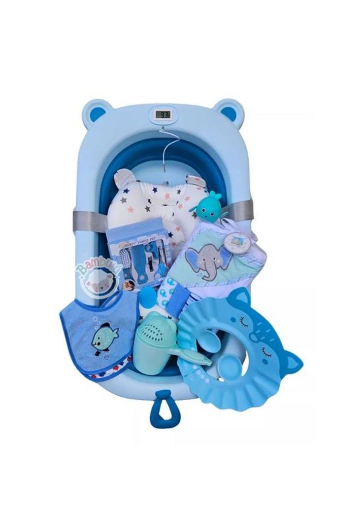 Bañera plegable bebé con termómetro y accesorios, color azul-1
