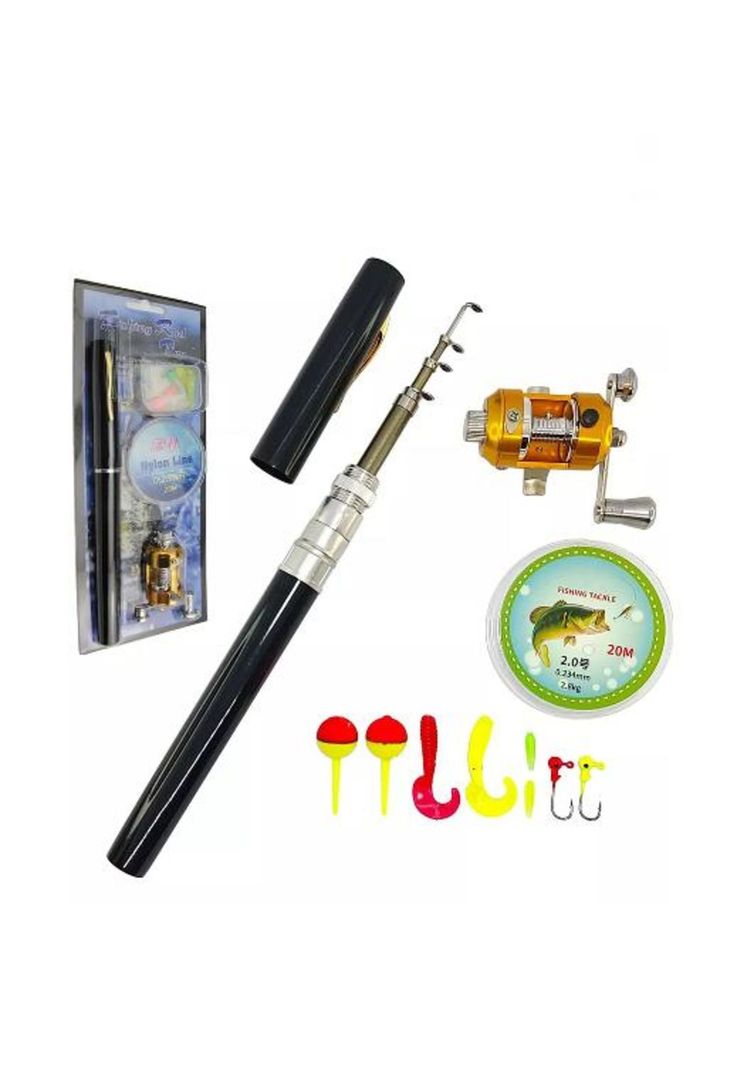 Kit de caña de pescar telescópicas mini forma de bolígrafo, negro-2
