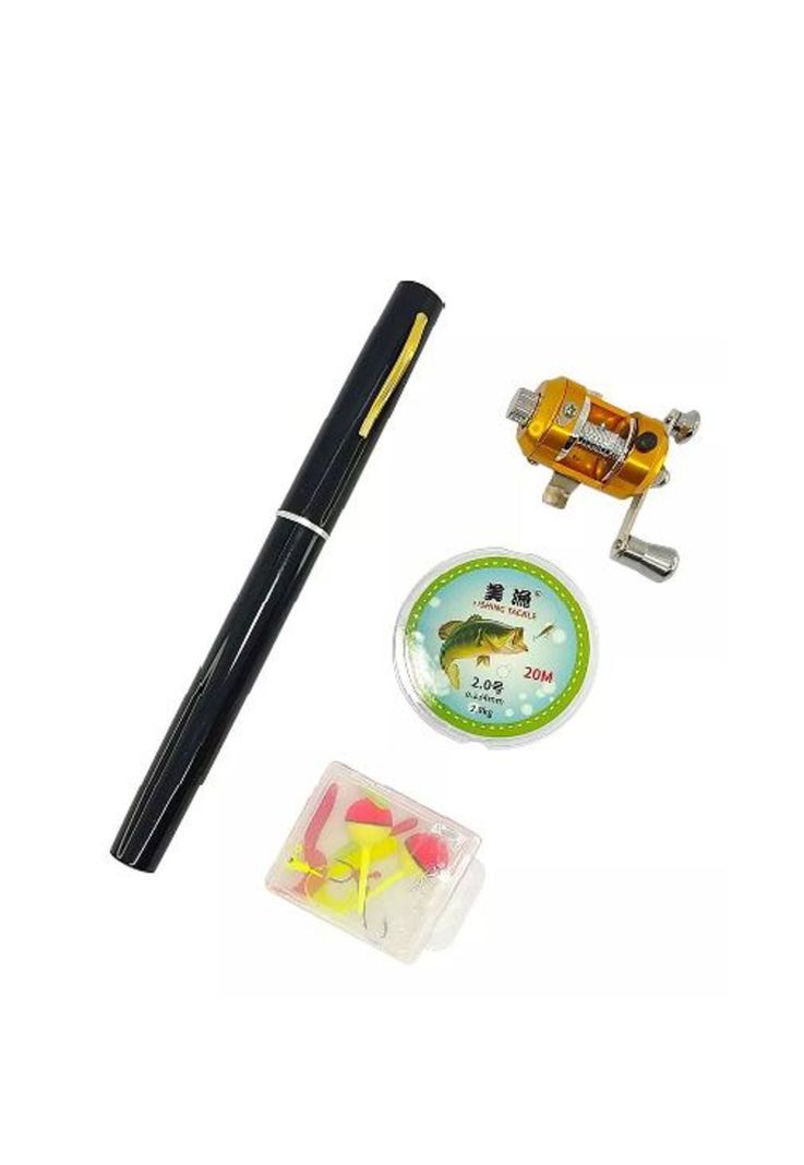 Kit de caña de pescar telescópicas mini forma de bolígrafo, negro-3