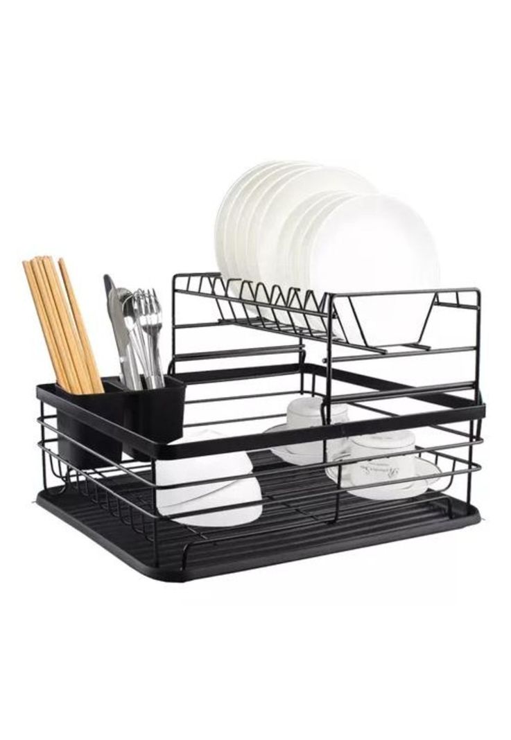 Simplit Escurridor Secaplatos - 2 Niveles, Acero Inox, Color Negro-1