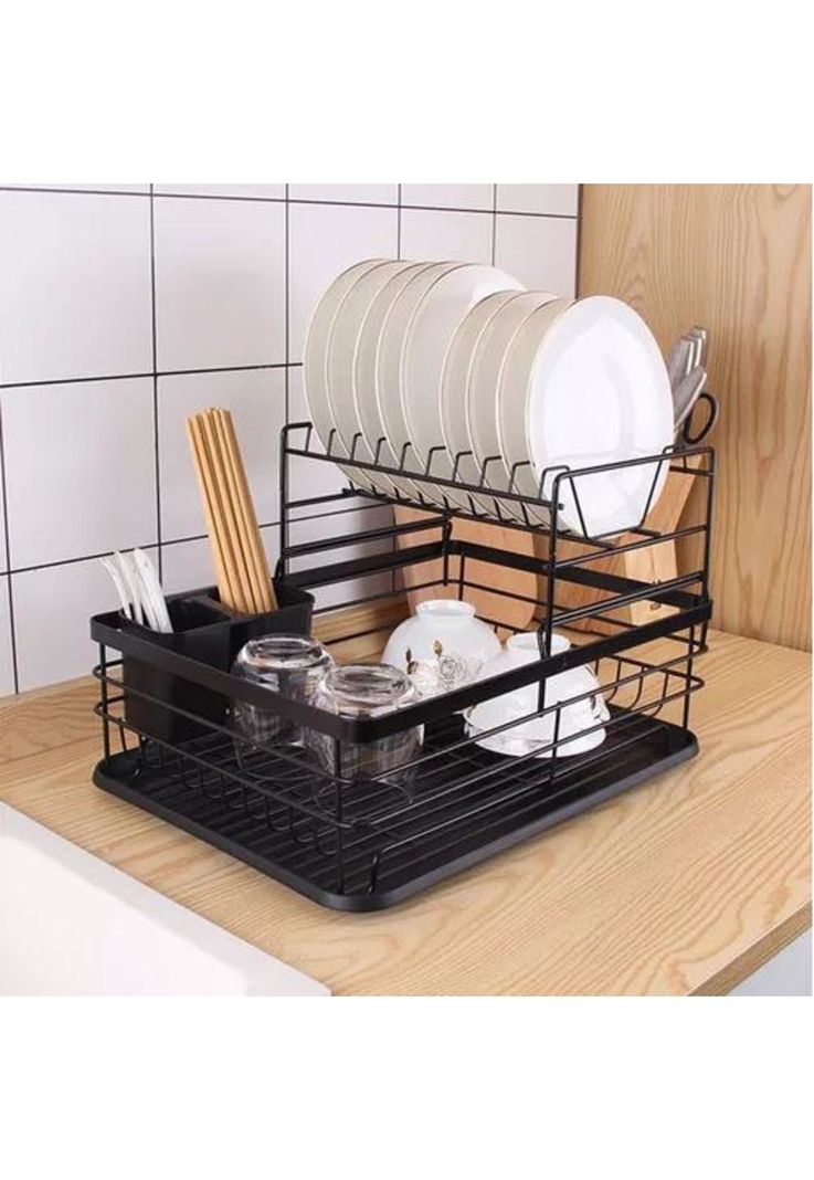 Simplit Escurridor Secaplatos - 2 Niveles, Acero Inox, Color Negro-2