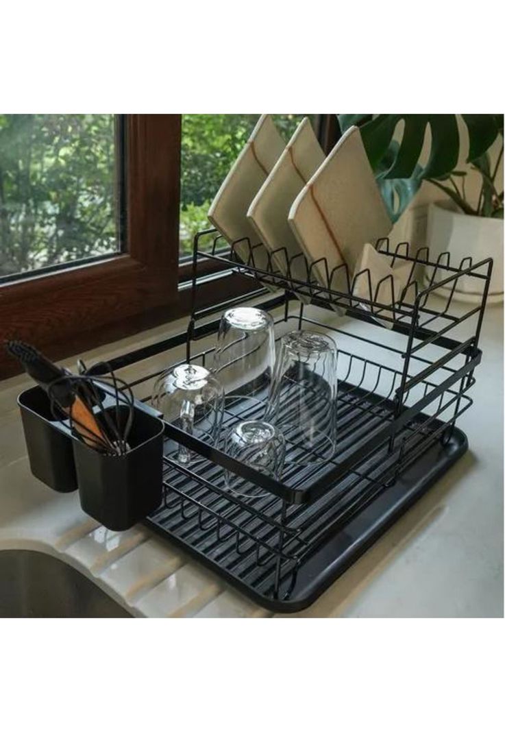 Simplit Escurridor Secaplatos - 2 Niveles, Acero Inox, Color Negro-4
