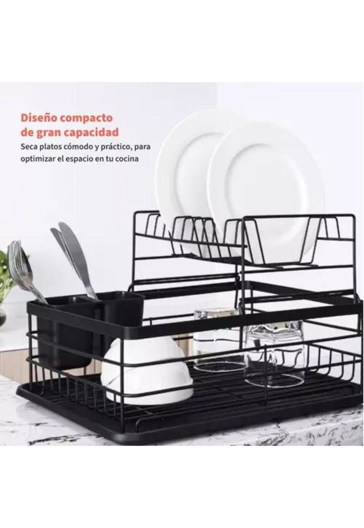 Simplit Escurridor Secaplatos - 2 Niveles, Acero Inox, Color Negro-5