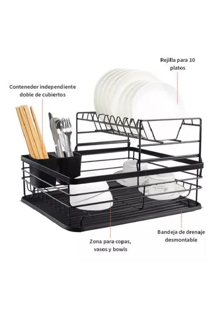 Simplit Escurridor Secaplatos - 2 Niveles, Acero Inox, Color Negro-6