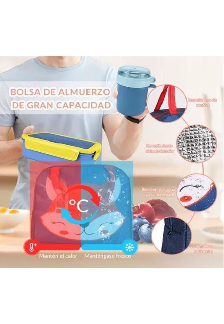Bolso Lonchera Térmica Escolar Set 28 Pzs para Niños - Portátil - Color Azul-4