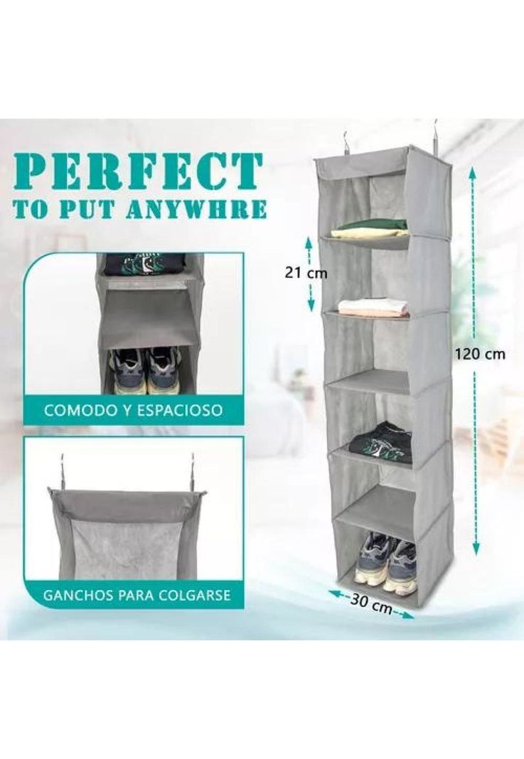 Organizador colgante 6 pisos para ropa y zapatos gris-2