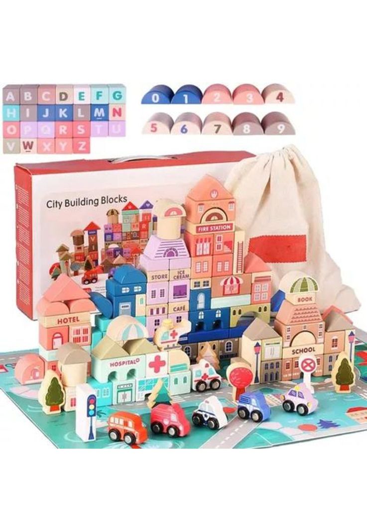 Kit de 115 bloques de construcción de madera didáctico rosado-7