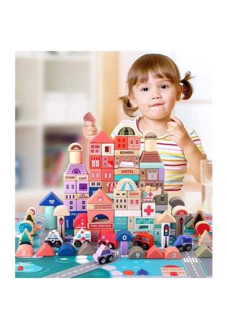 Kit de 115 bloques de construcción de madera didáctico rosado-6