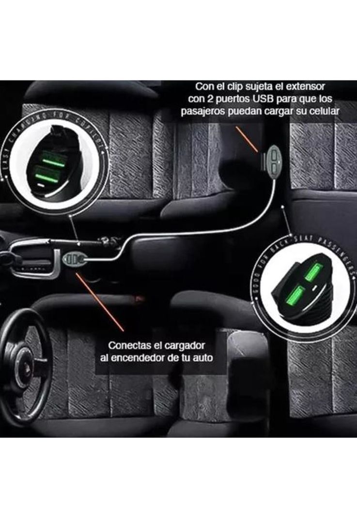 Cargador USB auto con alargador 4 puertos 1 metro-4