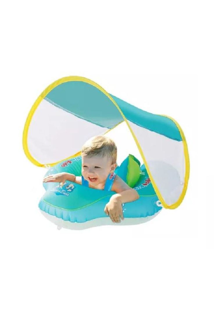 Flotador bebé con protección solar para piscina con toldo celeste-2