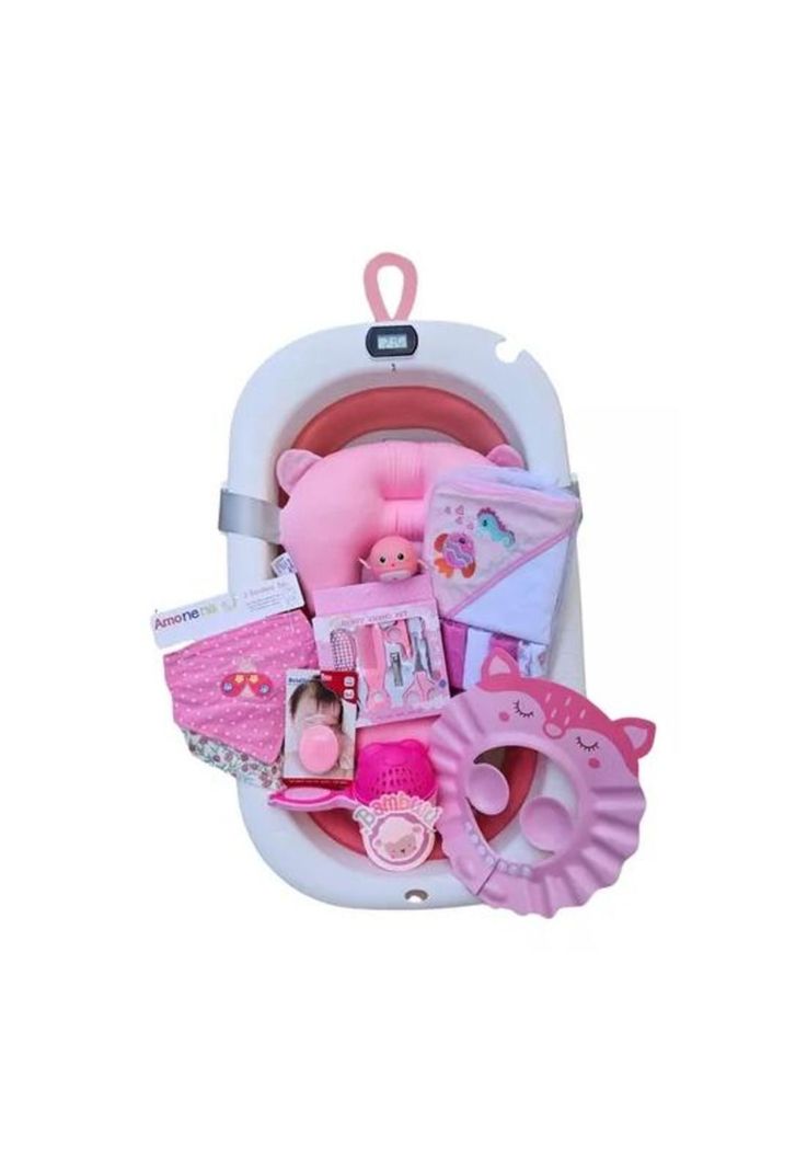 Bañera plegable bebé con termómetro y accesorios, color rosa-2