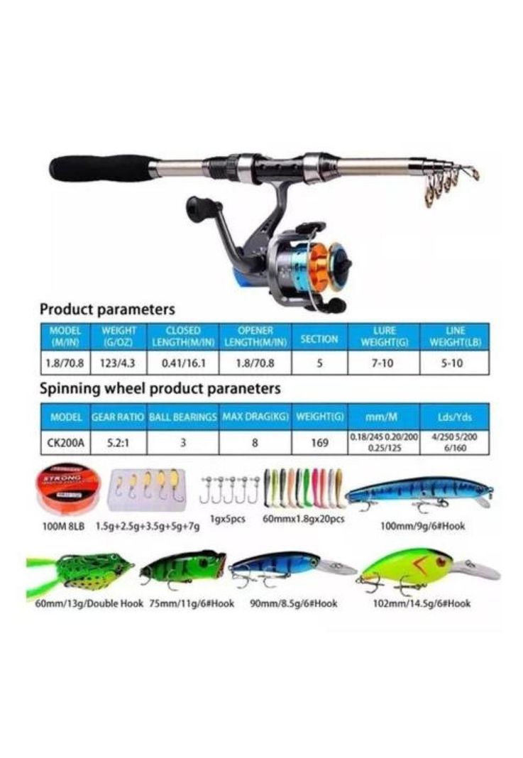 Kit de pesca 1.8 m caña, carrete, señuelo y accesorios multicolor-3