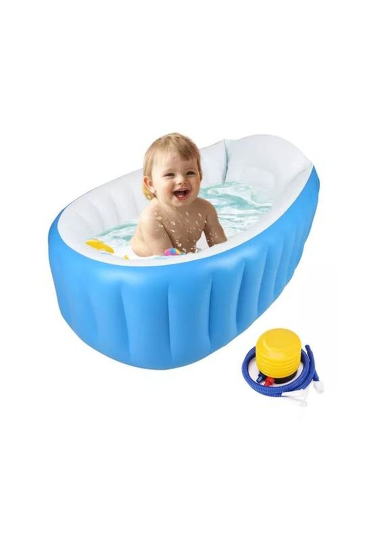 Bañera inflable plegable para bebés con bomba de aire, celeste-1
