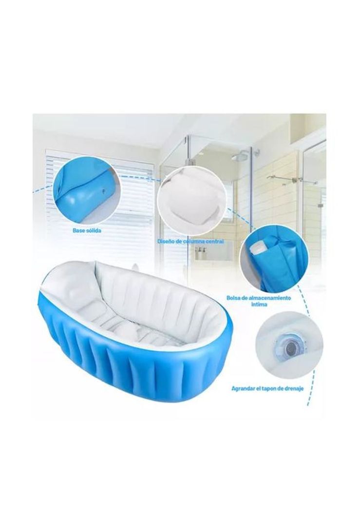 Bañera inflable plegable para bebés con bomba de aire, celeste-2