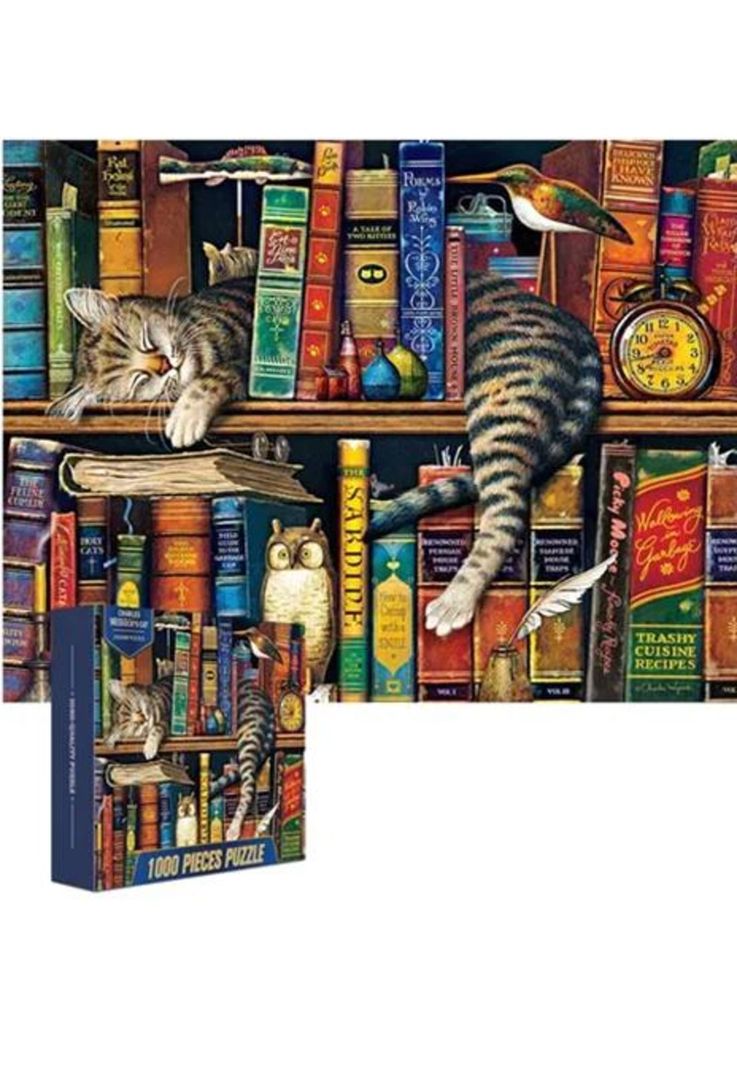 Rompecabezas 70x50cm gato y libros, multicolor-0