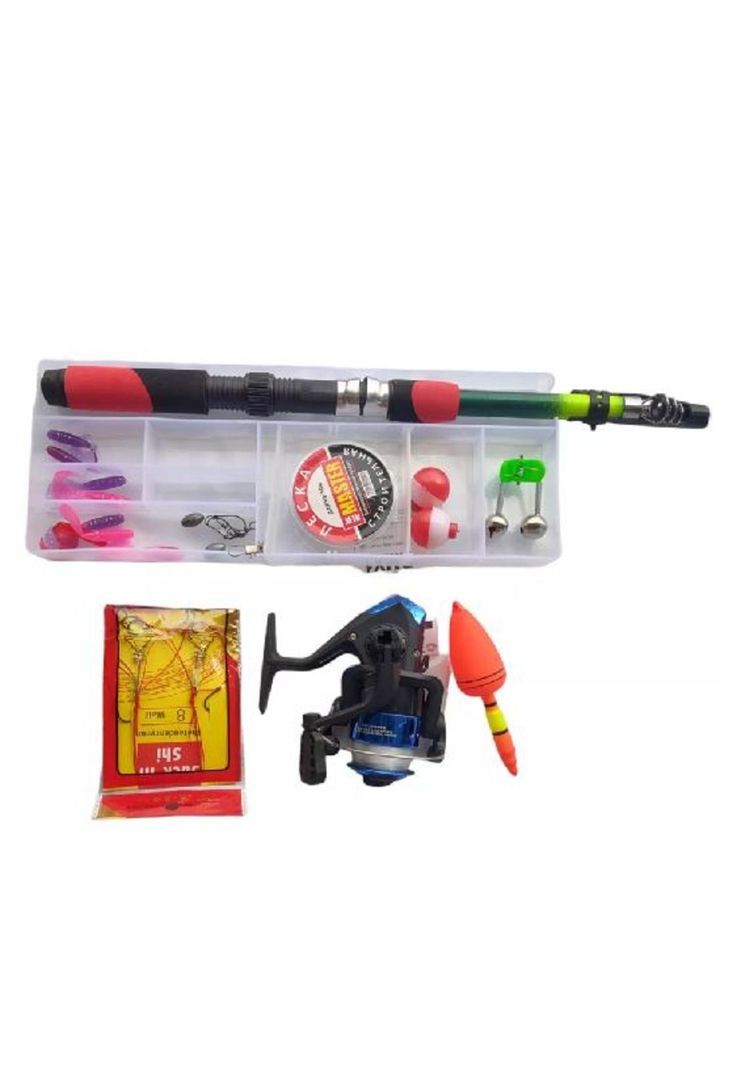 Set pesca caña de pescar telescópica mosquero, carrete, negro-2