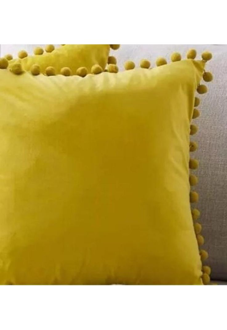 Pack de 2 Fundas de Cojines Terciopelo con Pompones 45x45 cm Amarillo-1
