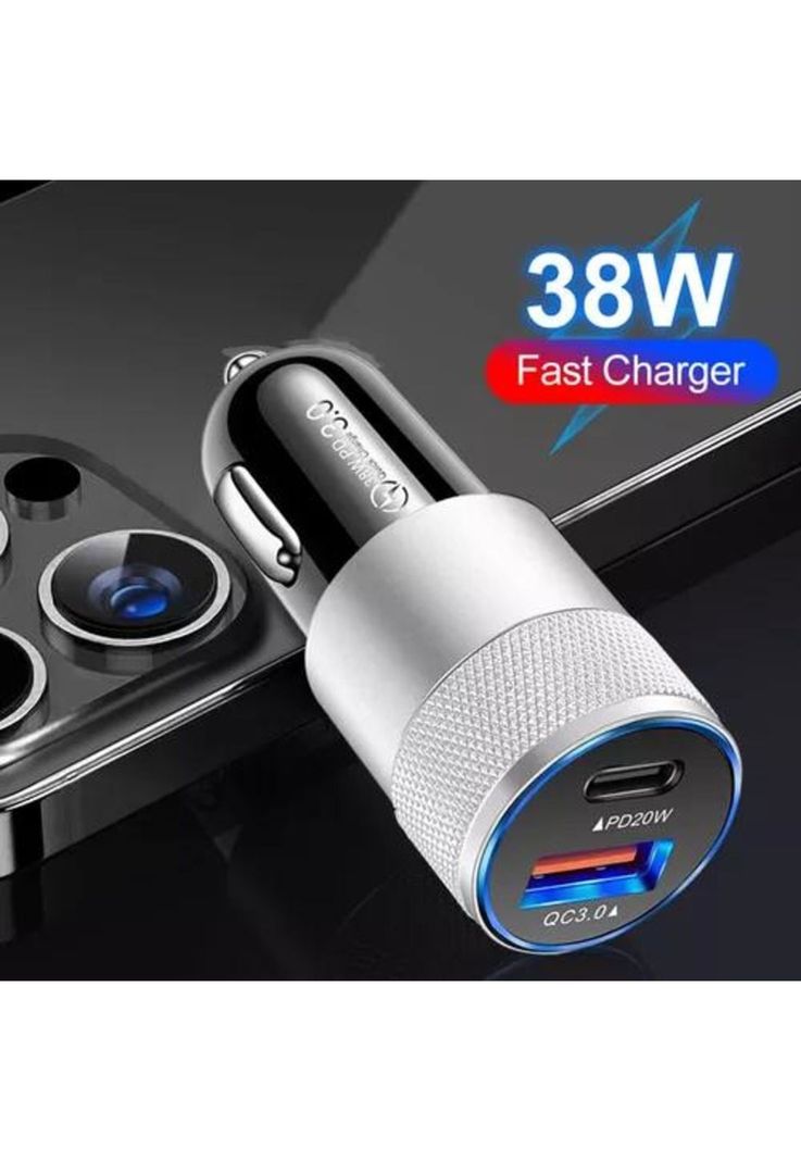 Cargador universal auto camión USB-C carga rápida 3.0 PD 38W plateado-6