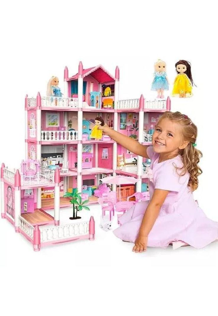 Casa de muñecas con muebles, castillo juguete para niñas rosado-0