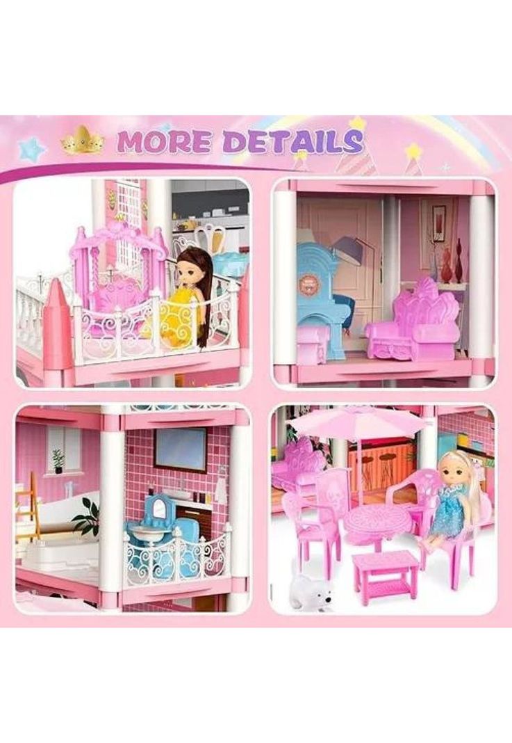 Casa de muñecas con muebles, castillo juguete para niñas rosado-2