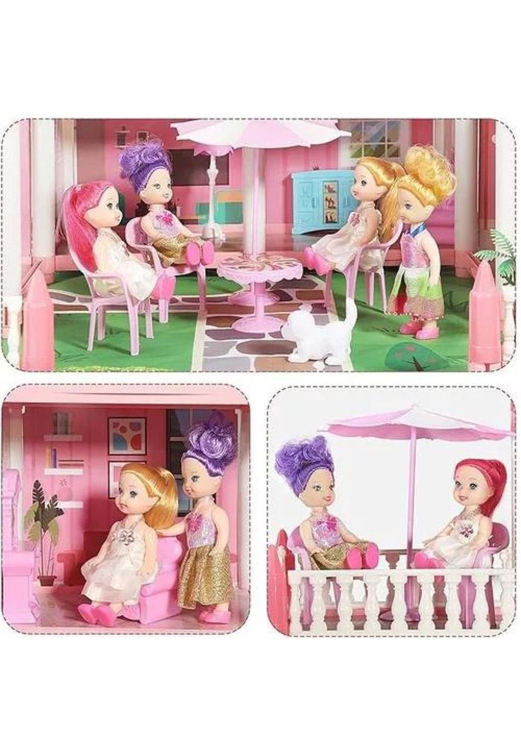 Casa de muñecas con muebles, castillo juguete para niñas rosado-3