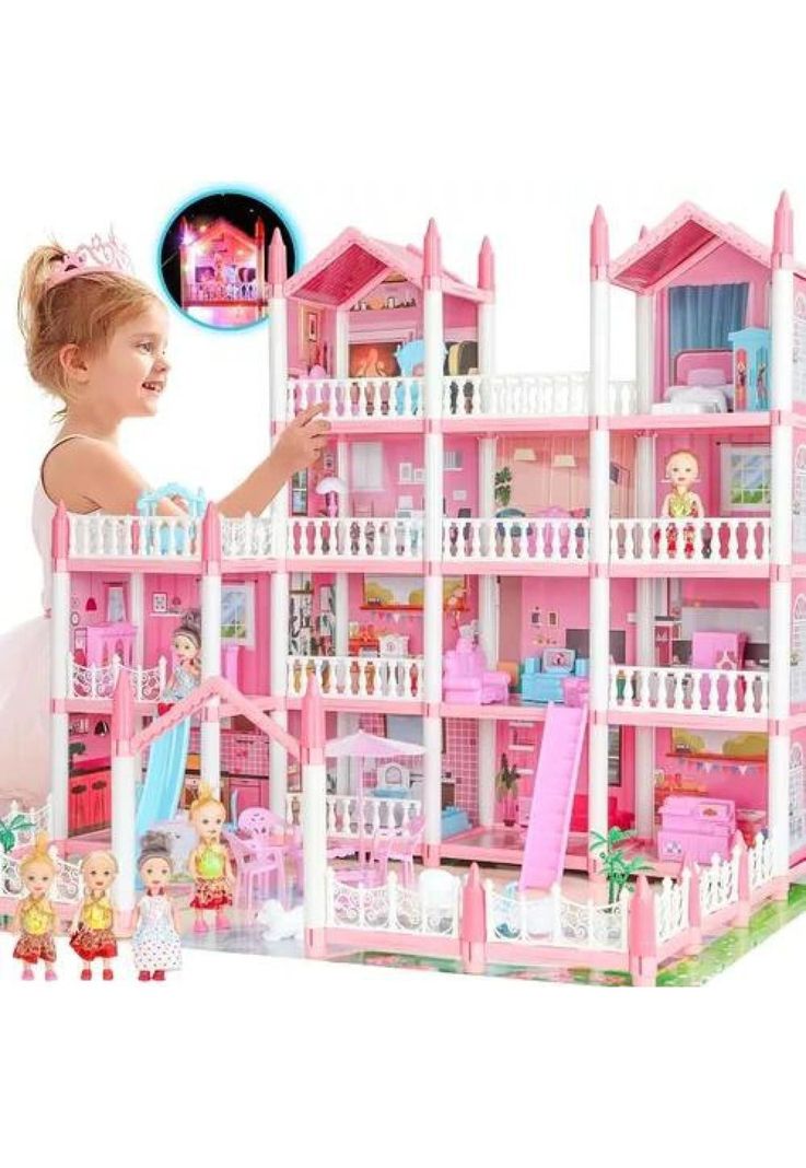 Casa de muñecas con muebles, castillo juguete para niñas rosado-4