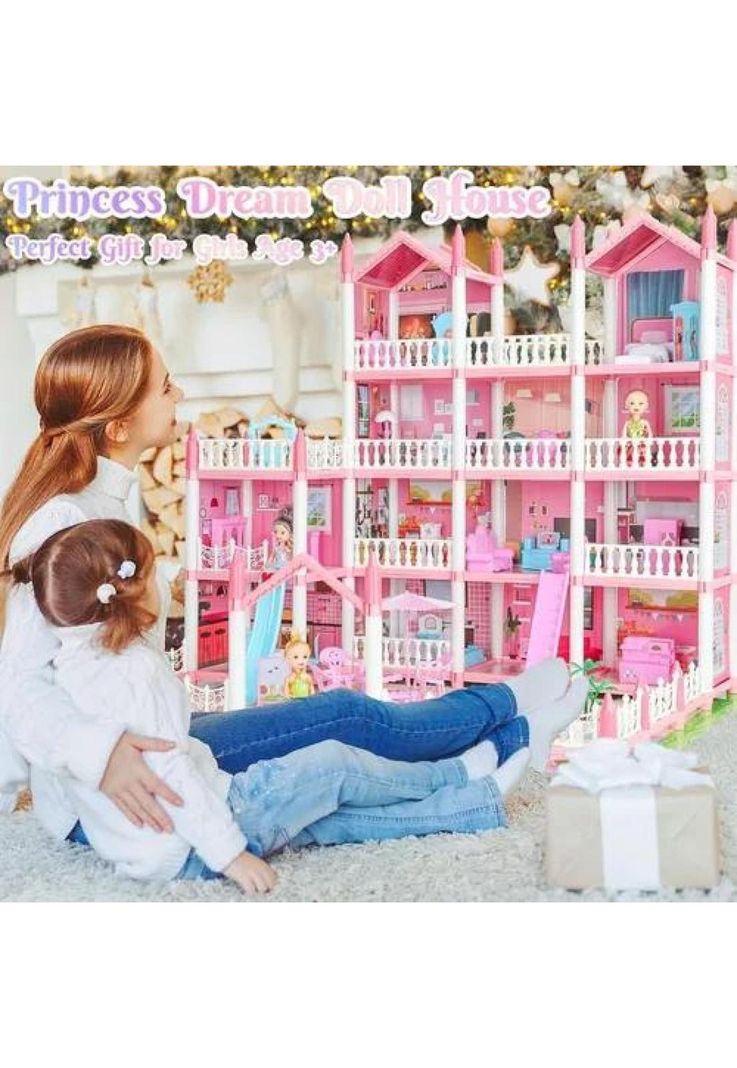 Casa de muñecas con muebles, castillo juguete para niñas rosado-5
