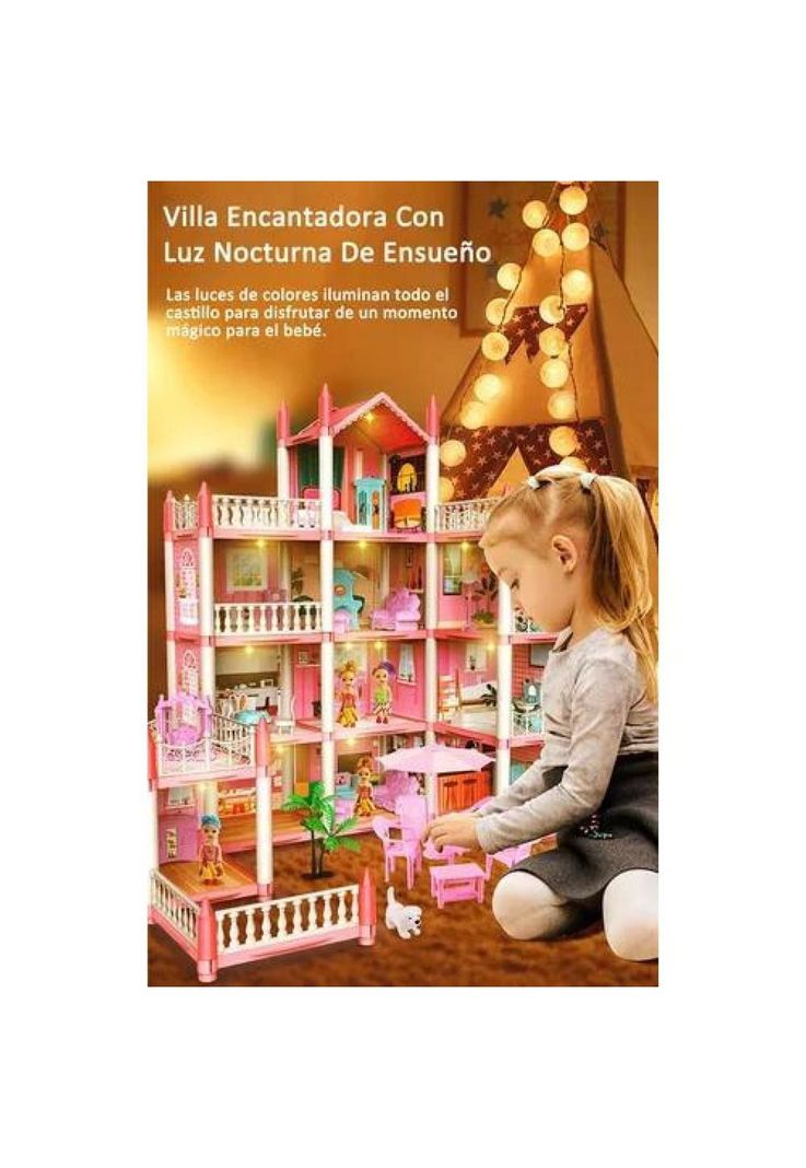 Casa de muñecas con muebles, castillo juguete para niñas rosado-6