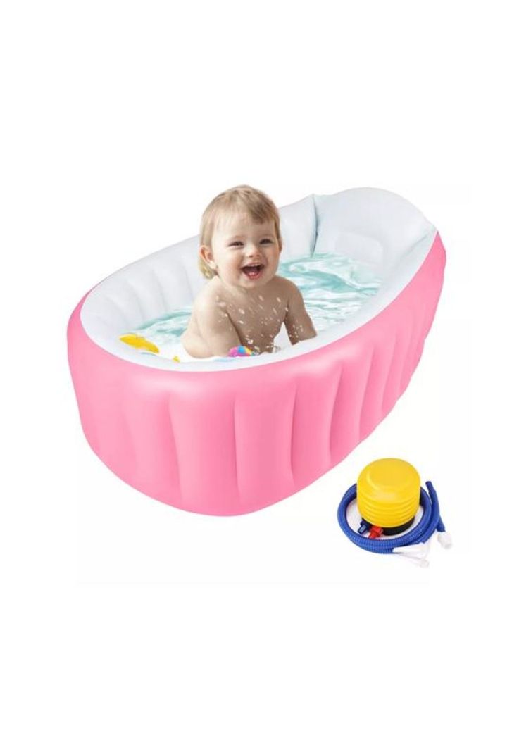 Bañera inflable plegable para bebés con bomba de aire, rosado-3