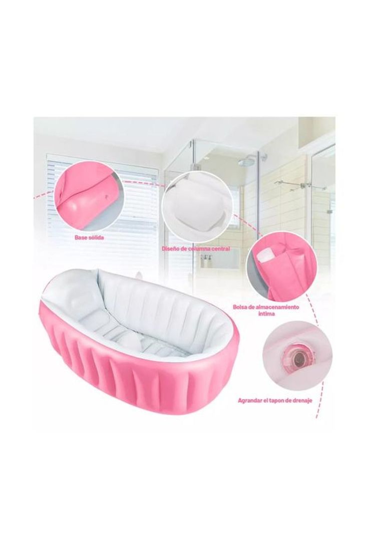 Bañera inflable plegable para bebés con bomba de aire, rosado-4
