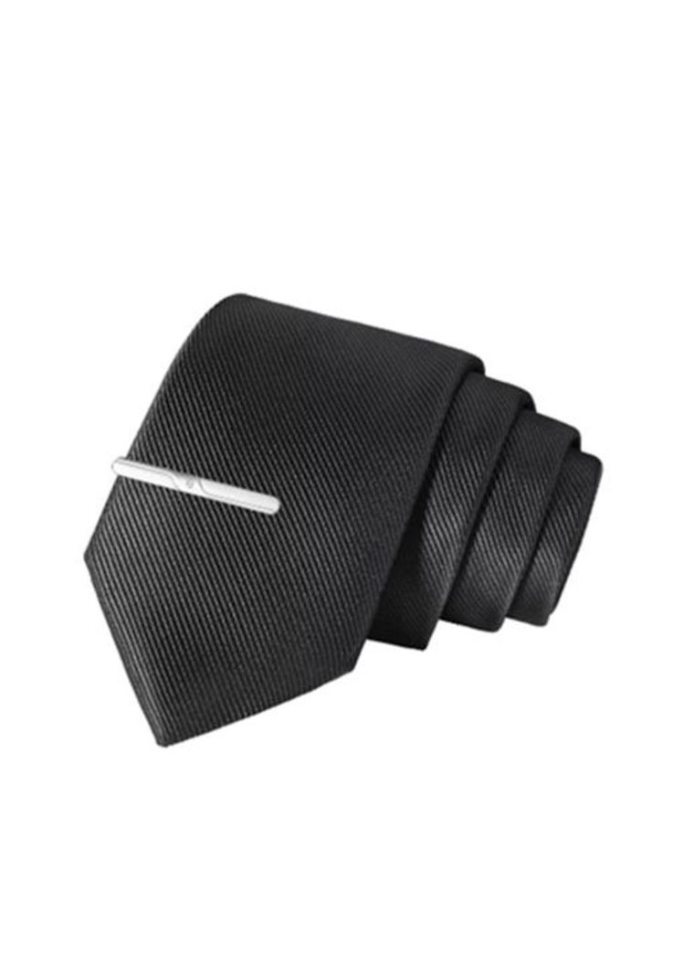 Set corbata, pañuelo seda, gemelos, clip, negro-0