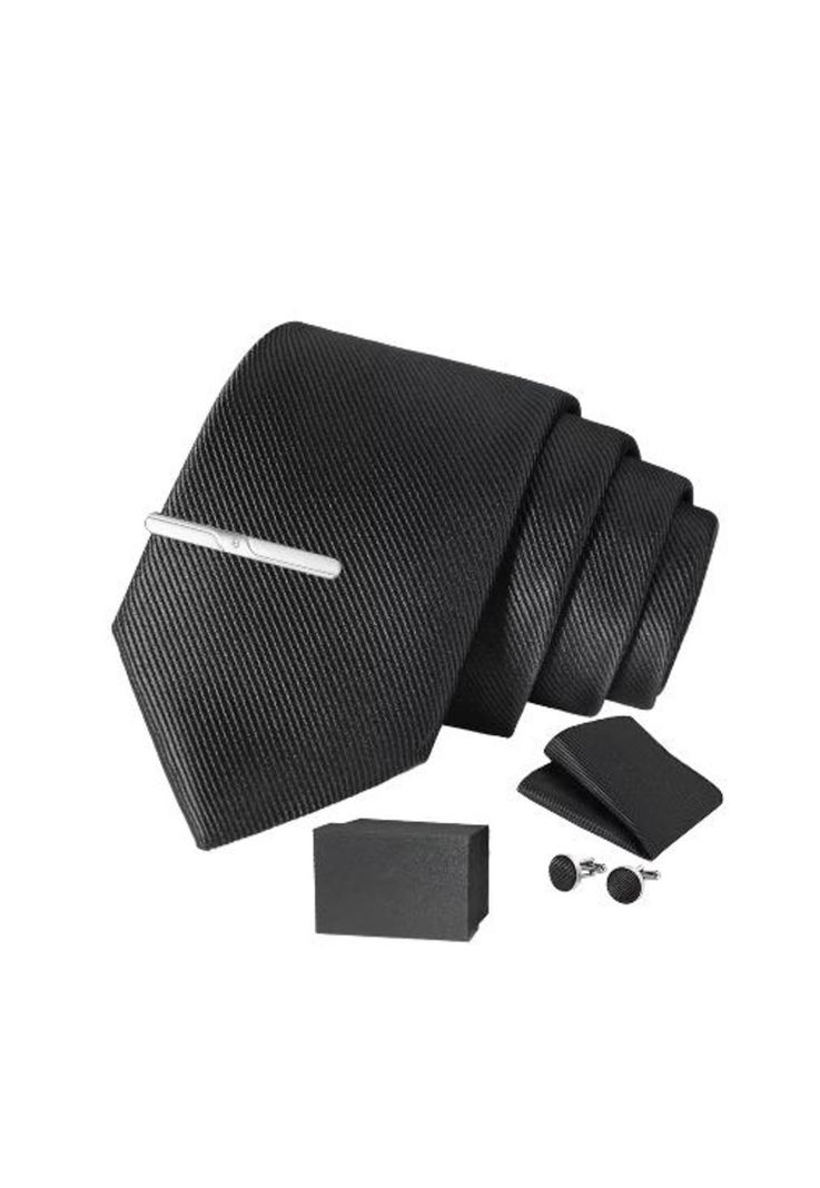 Set corbata, pañuelo seda, gemelos, clip, negro-1