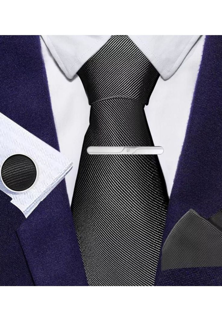 Set corbata, pañuelo seda, gemelos, clip, negro-2