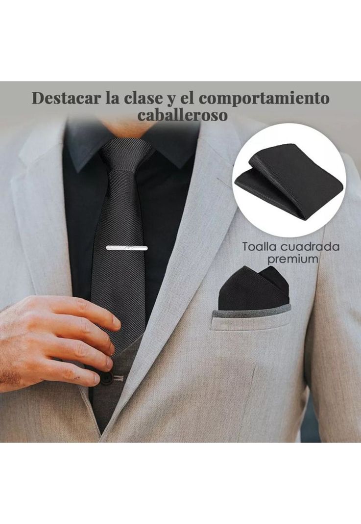 Set corbata, pañuelo seda, gemelos, clip, negro-3